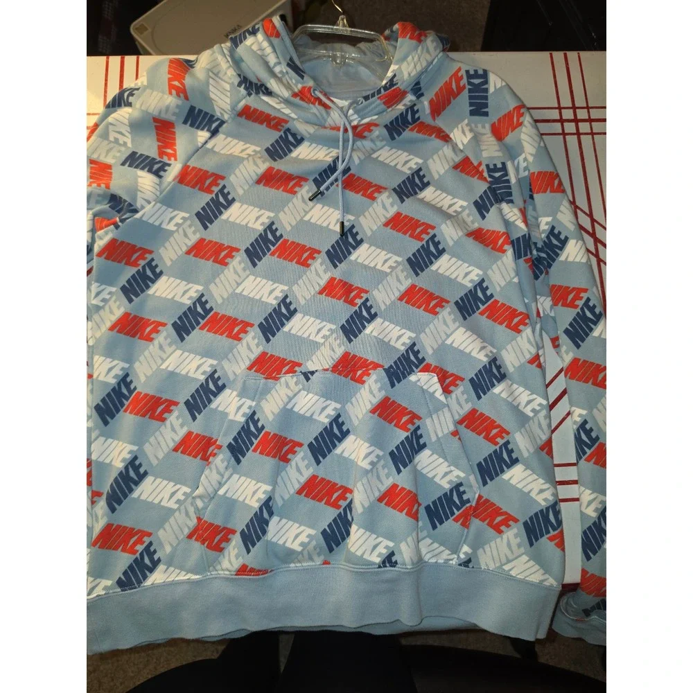 Nike Sportswear Club Fleece All Over Print Hoodie Blue Red DV0028-425 Mens M